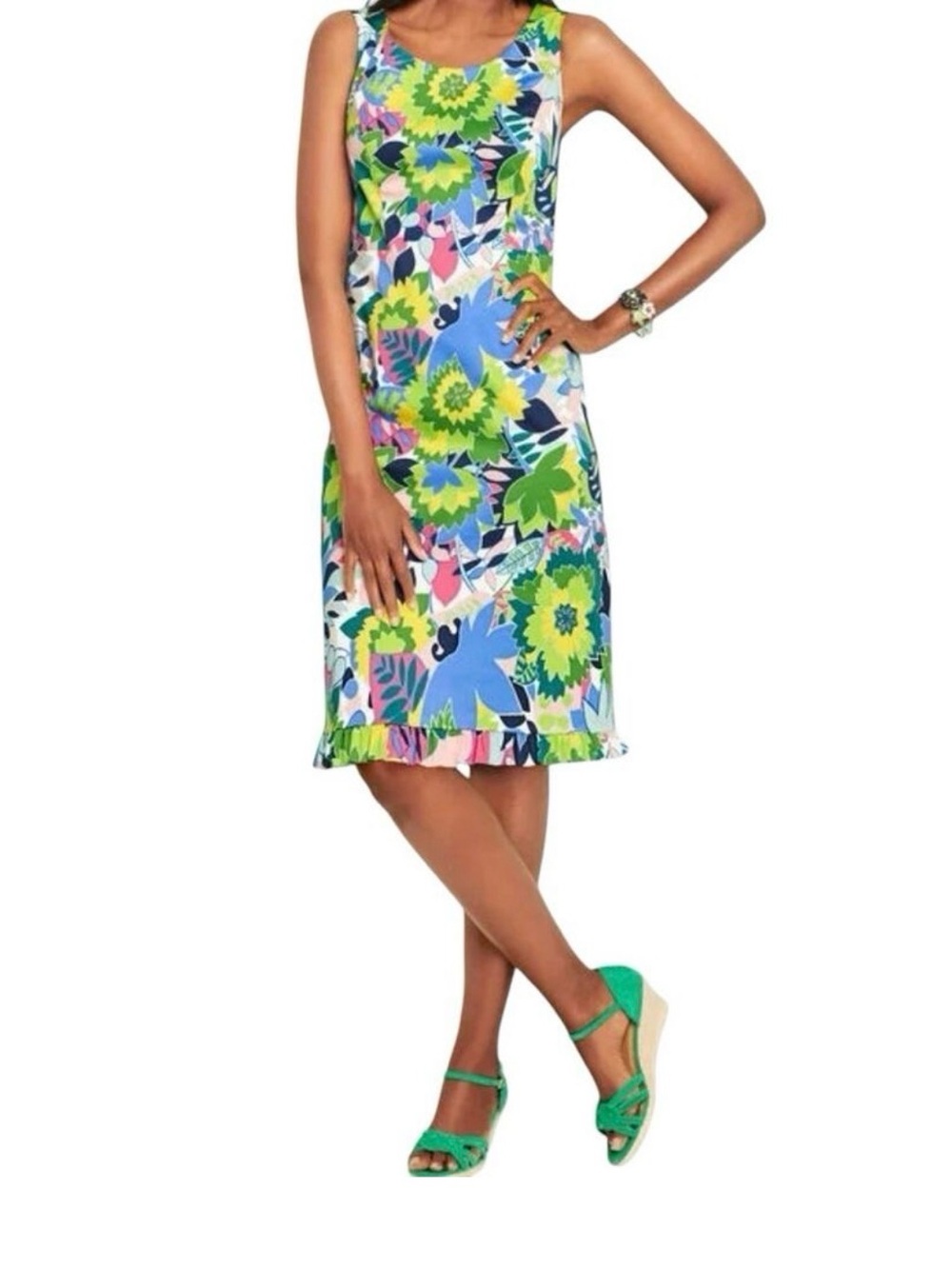 Talbots Sheath Dress Womens Size 8 Floral Tropical Island Colorful Ruffle Hem